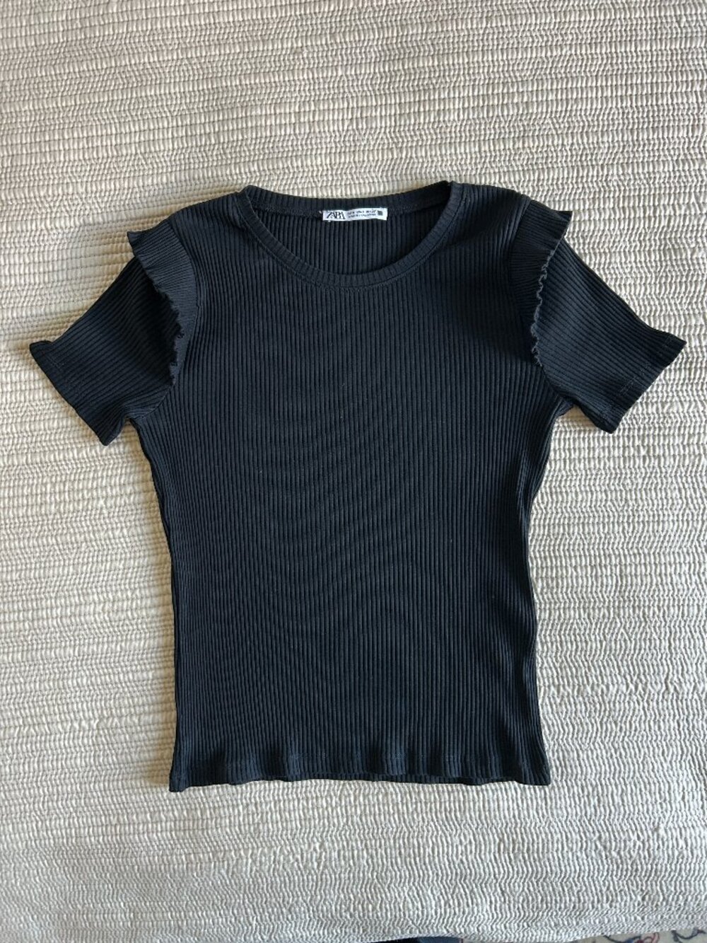 Zara Ribbed Black Top Ruffle Sleeve Stretch T-Shirt, Size S